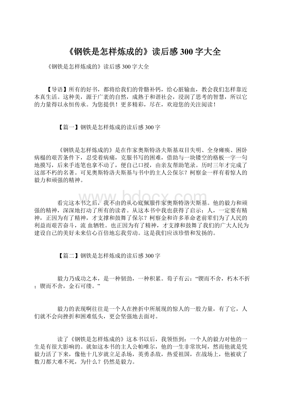 《钢铁是怎样炼成的》读后感300字大全文档格式.docx_第1页