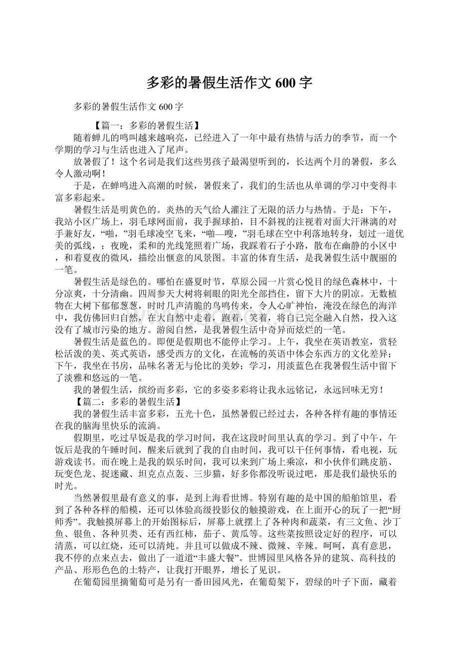 多彩的暑假生活作文600字Word文件下载.docx_第1页