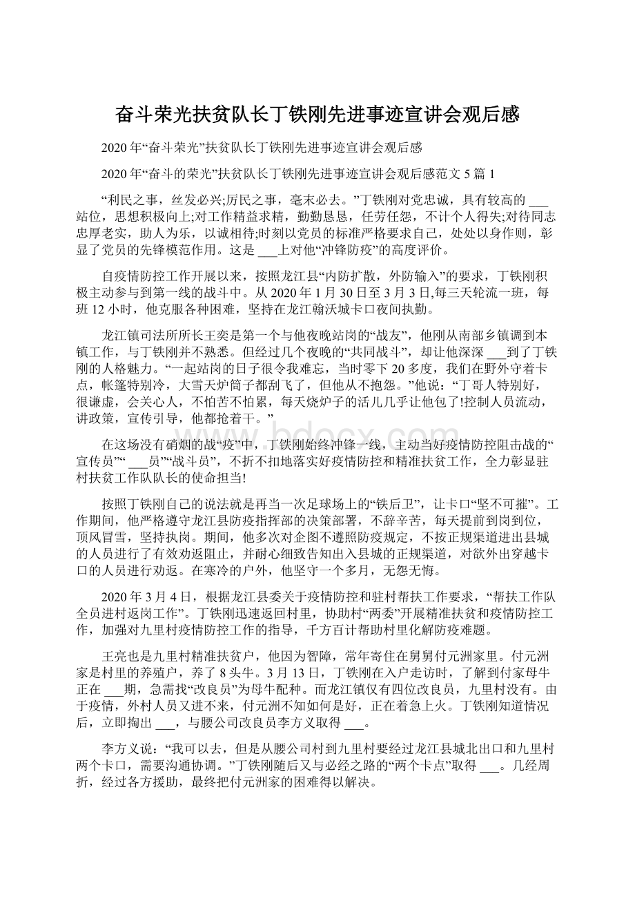 奋斗荣光扶贫队长丁铁刚先进事迹宣讲会观后感文档格式.docx_第1页