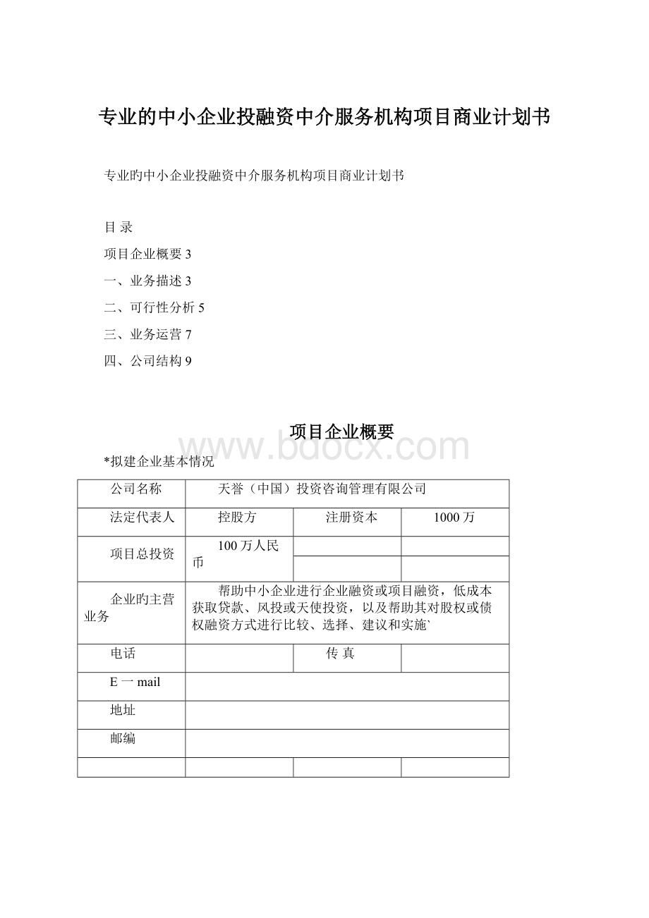 专业的中小企业投融资中介服务机构项目商业计划书Word下载.docx