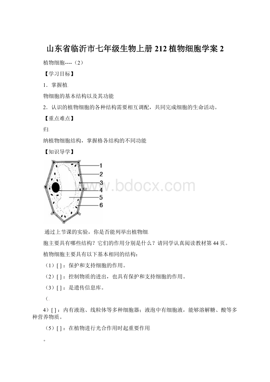 山东省临沂市七年级生物上册212植物细胞学案2Word格式文档下载.docx