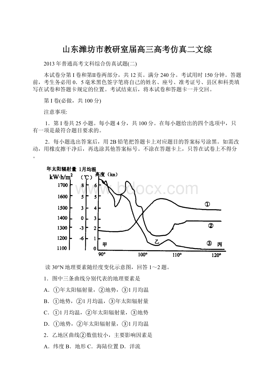 山东潍坊市教研室届高三高考仿真二文综.docx_第1页