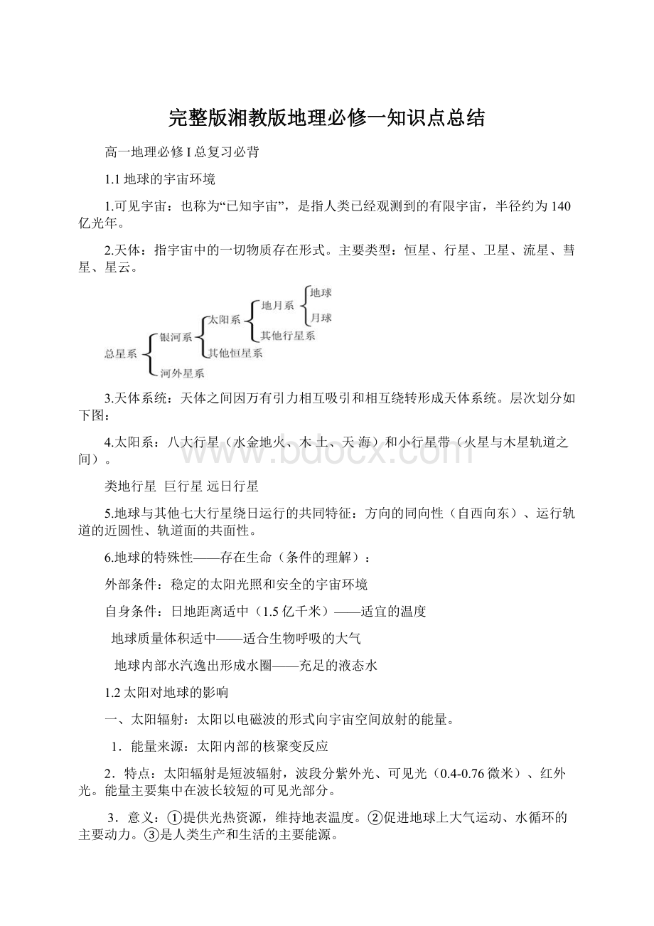 完整版湘教版地理必修一知识点总结Word格式.docx_第1页