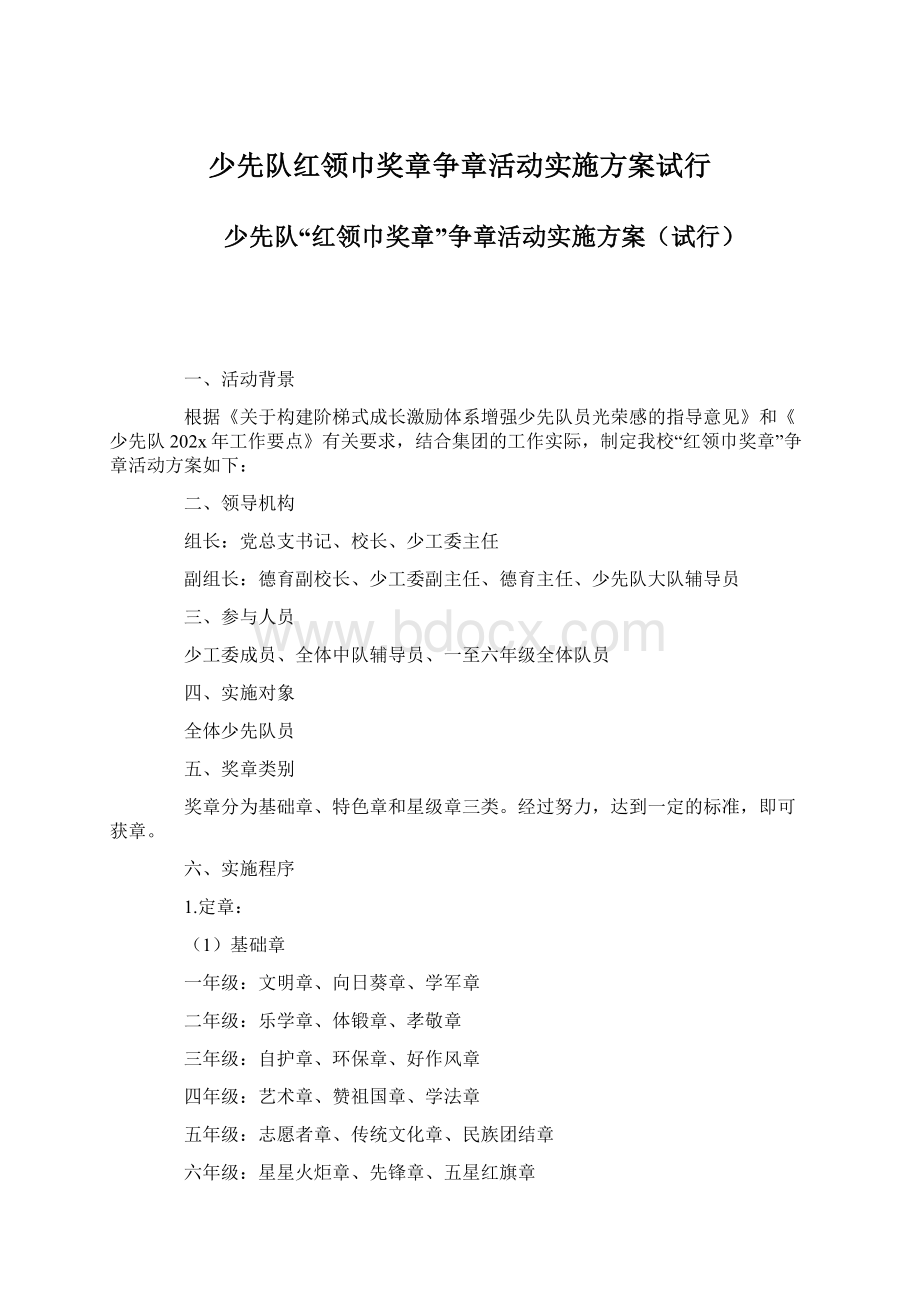 少先队红领巾奖章争章活动实施方案试行Word文档下载推荐.docx_第1页