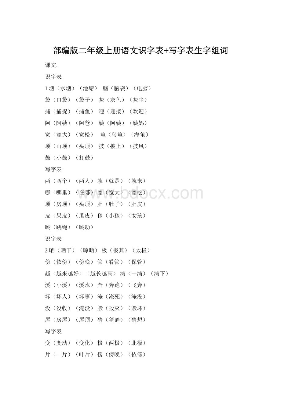 部编版二年级上册语文识字表+写字表生字组词文档格式.docx_第1页