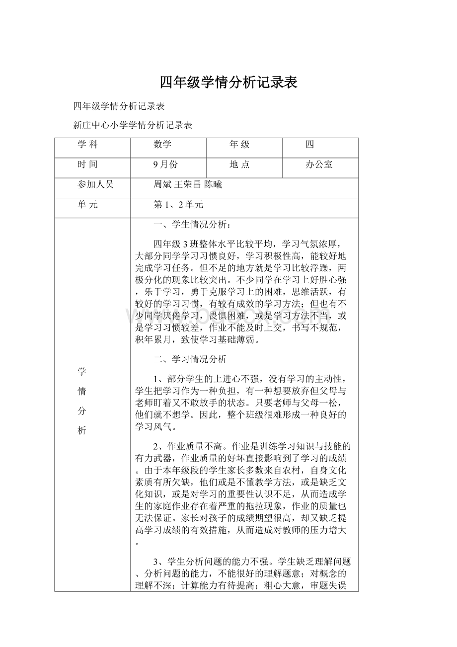 四年级学情分析记录表.docx_第1页