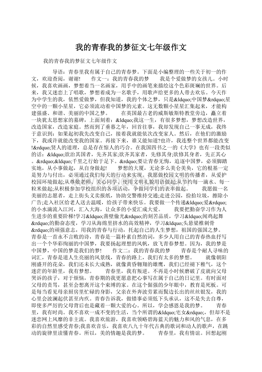 我的青春我的梦征文七年级作文Word下载.docx