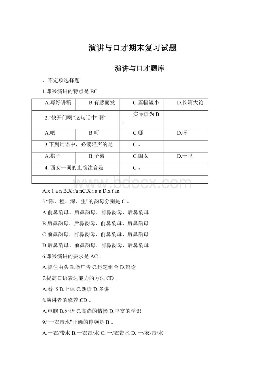 演讲与口才期末复习试题Word文档下载推荐.docx_第1页