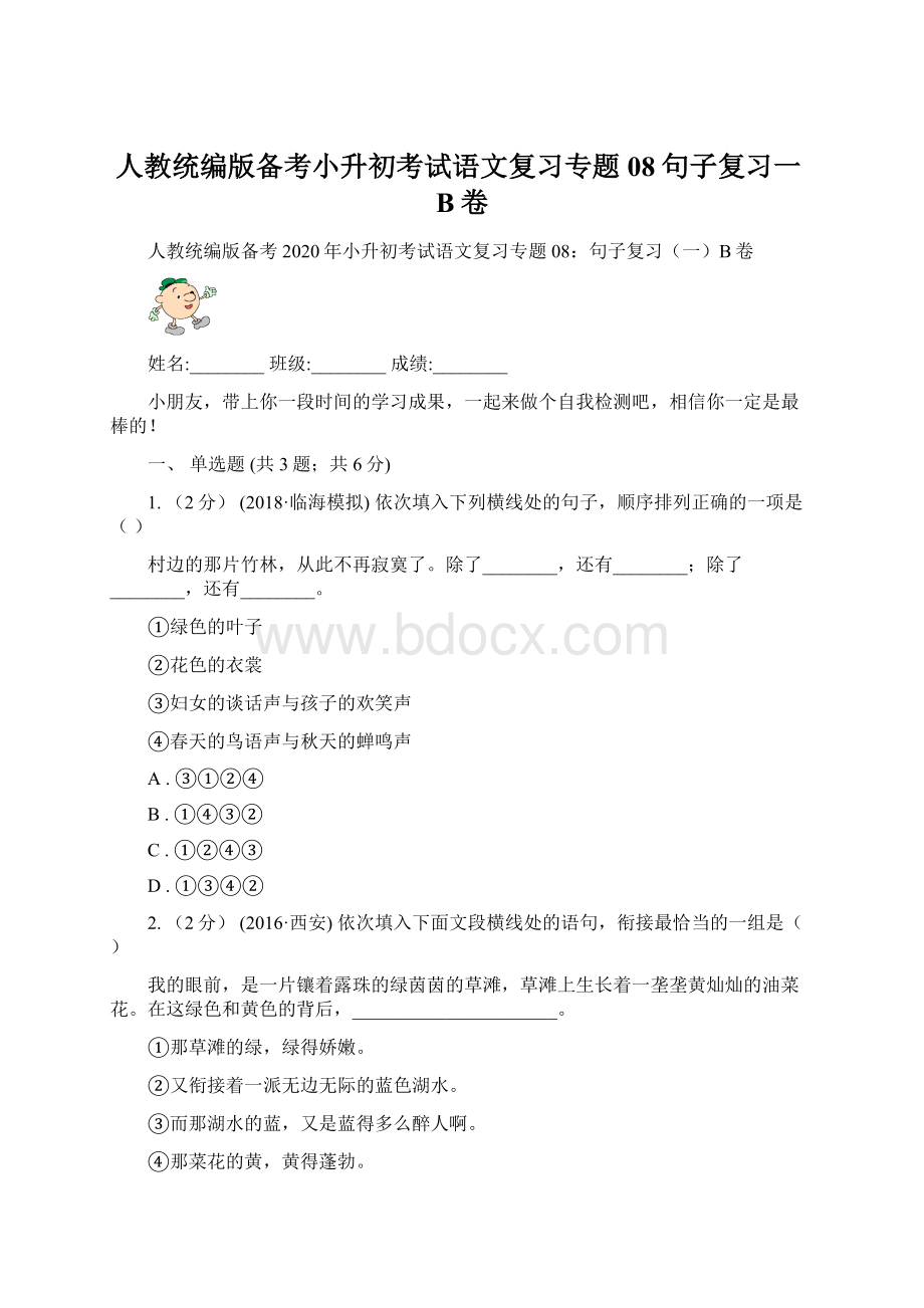 人教统编版备考小升初考试语文复习专题08句子复习一B卷.docx