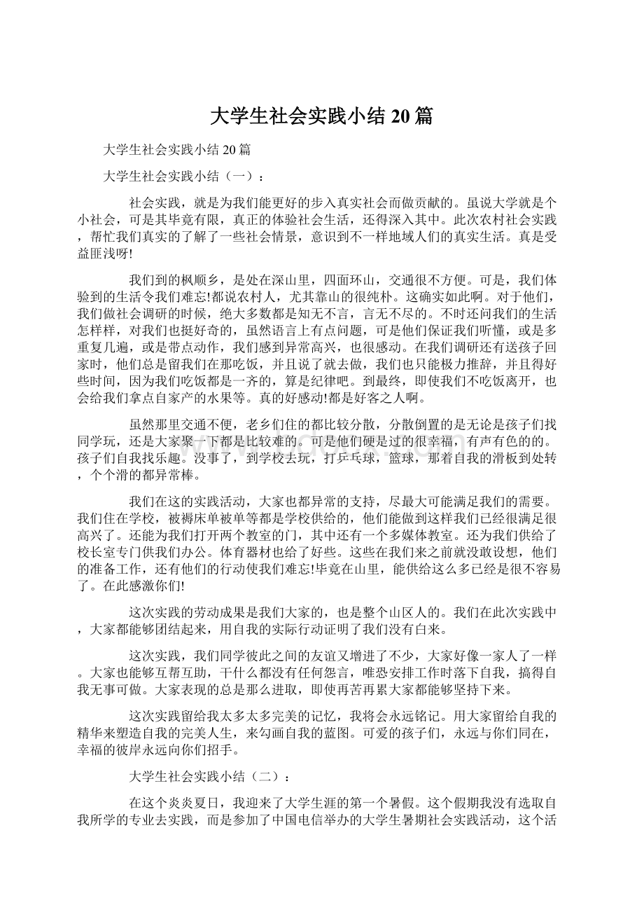 大学生社会实践小结20篇文档格式.docx