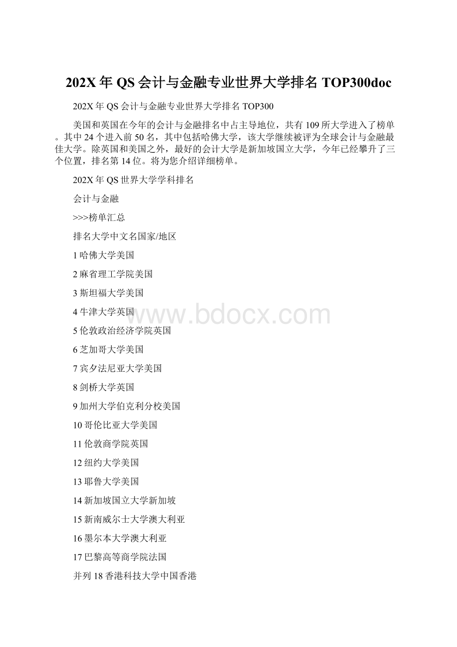 202X年QS会计与金融专业世界大学排名TOP300docWord文档下载推荐.docx_第1页