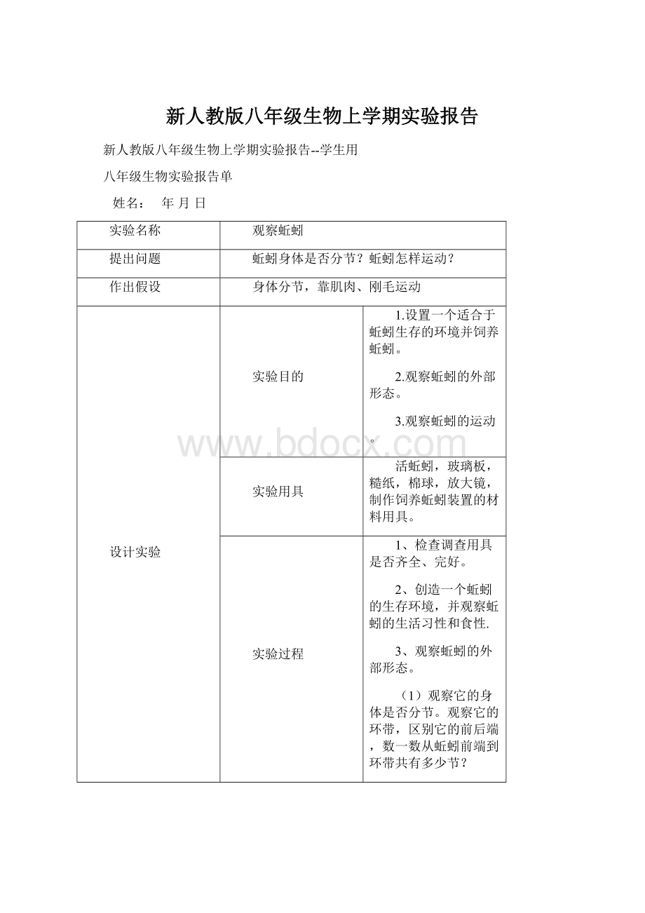 新人教版八年级生物上学期实验报告Word文档格式.docx_第1页