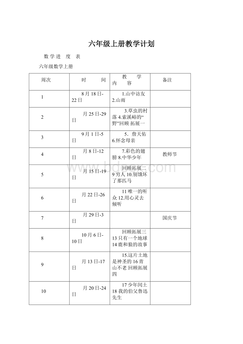 六年级上册教学计划Word文件下载.docx