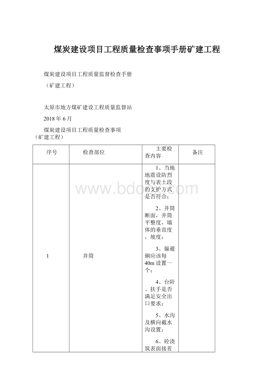 煤炭建设项目工程质量检查事项手册矿建工程Word格式文档下载.docx_第1页