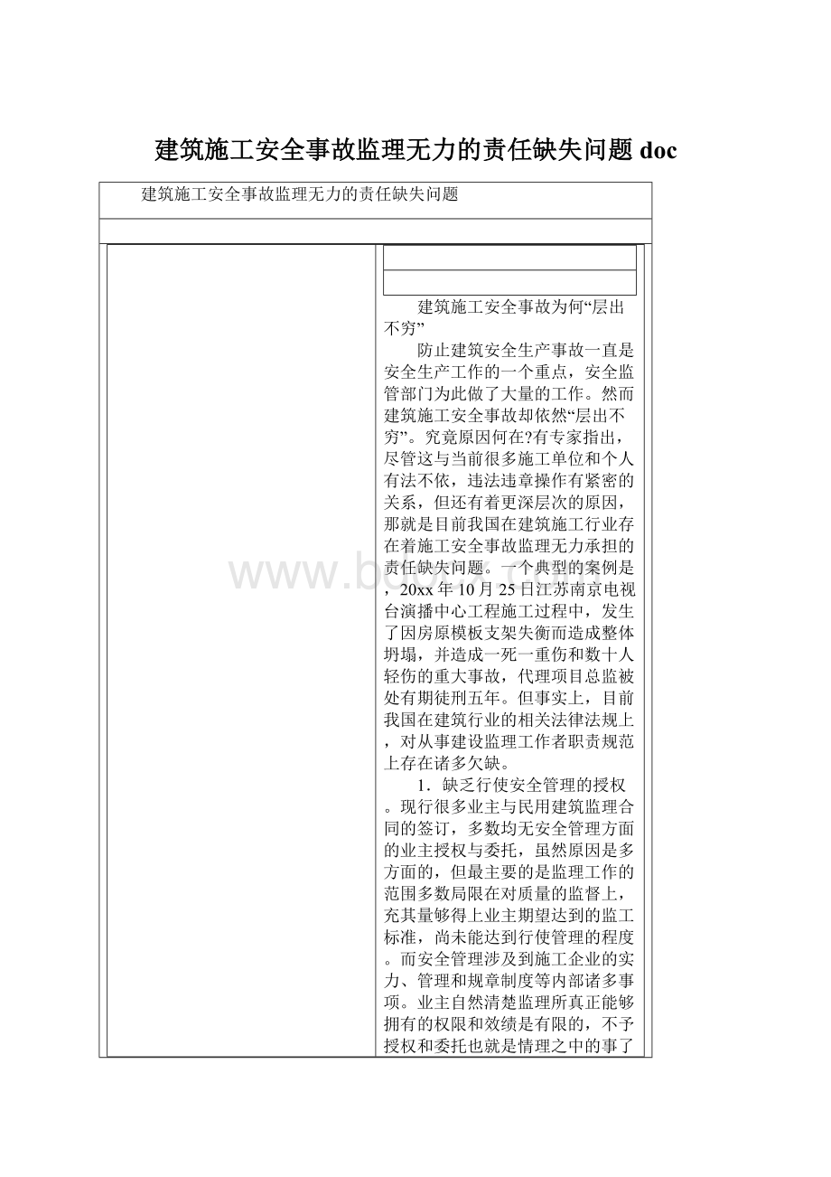 建筑施工安全事故监理无力的责任缺失问题doc.docx_第1页