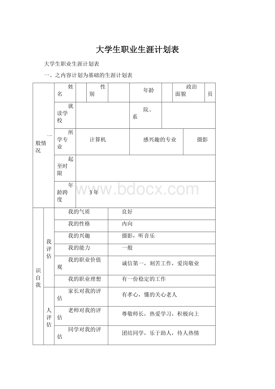 大学生职业生涯计划表.docx_第1页