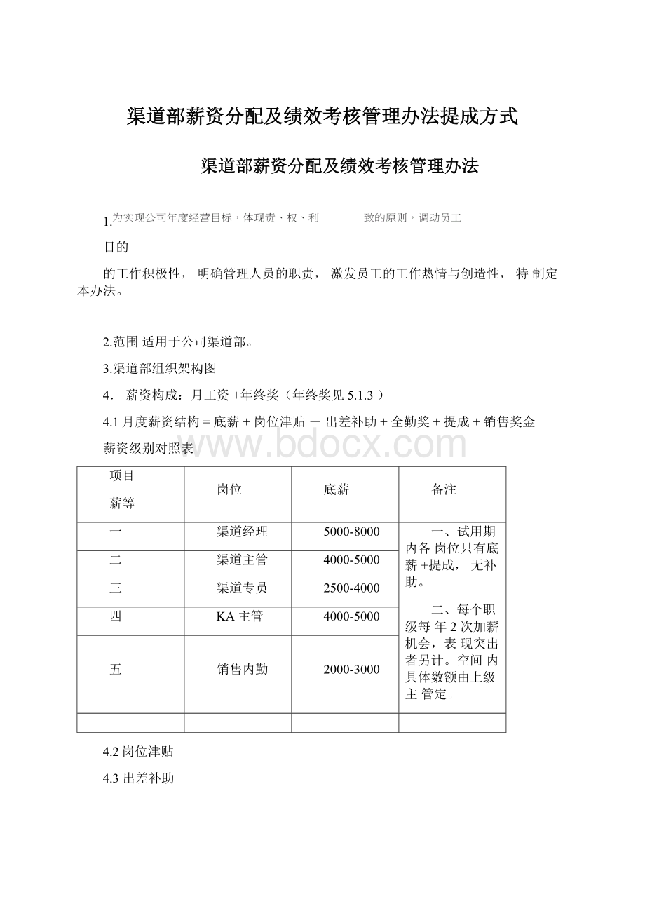 渠道部薪资分配及绩效考核管理办法提成方式Word格式文档下载.docx