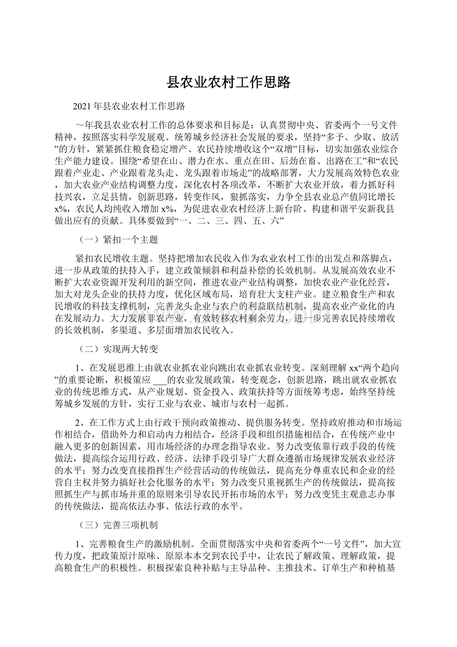 县农业农村工作思路Word格式文档下载.docx