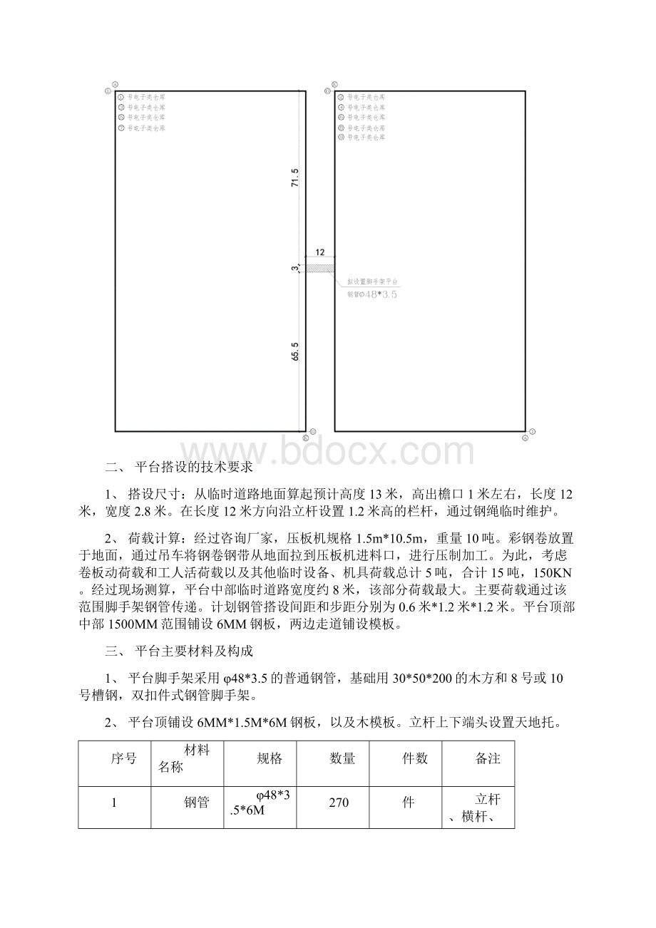 屋面彩钢外板压板加工平台搭设技术措施教学提纲文档格式.docx_第2页