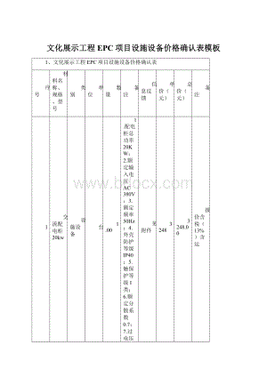 文化展示工程EPC项目设施设备价格确认表模板.docx