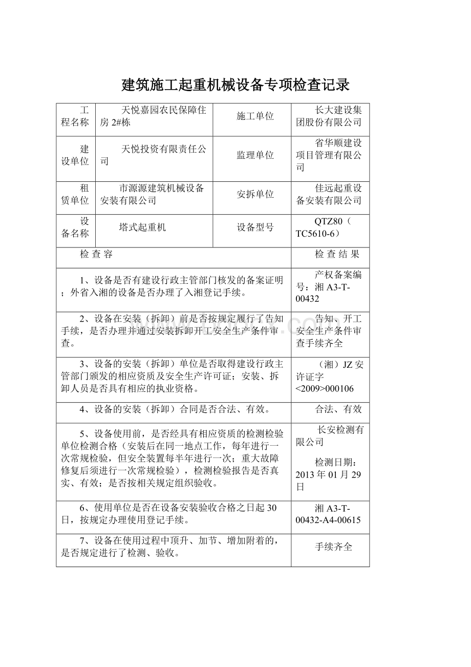 建筑施工起重机械设备专项检查记录.docx_第1页