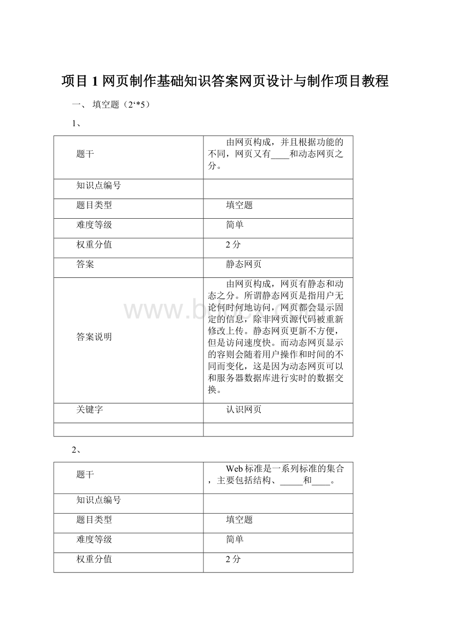 项目1 网页制作基础知识答案网页设计与制作项目教程.docx