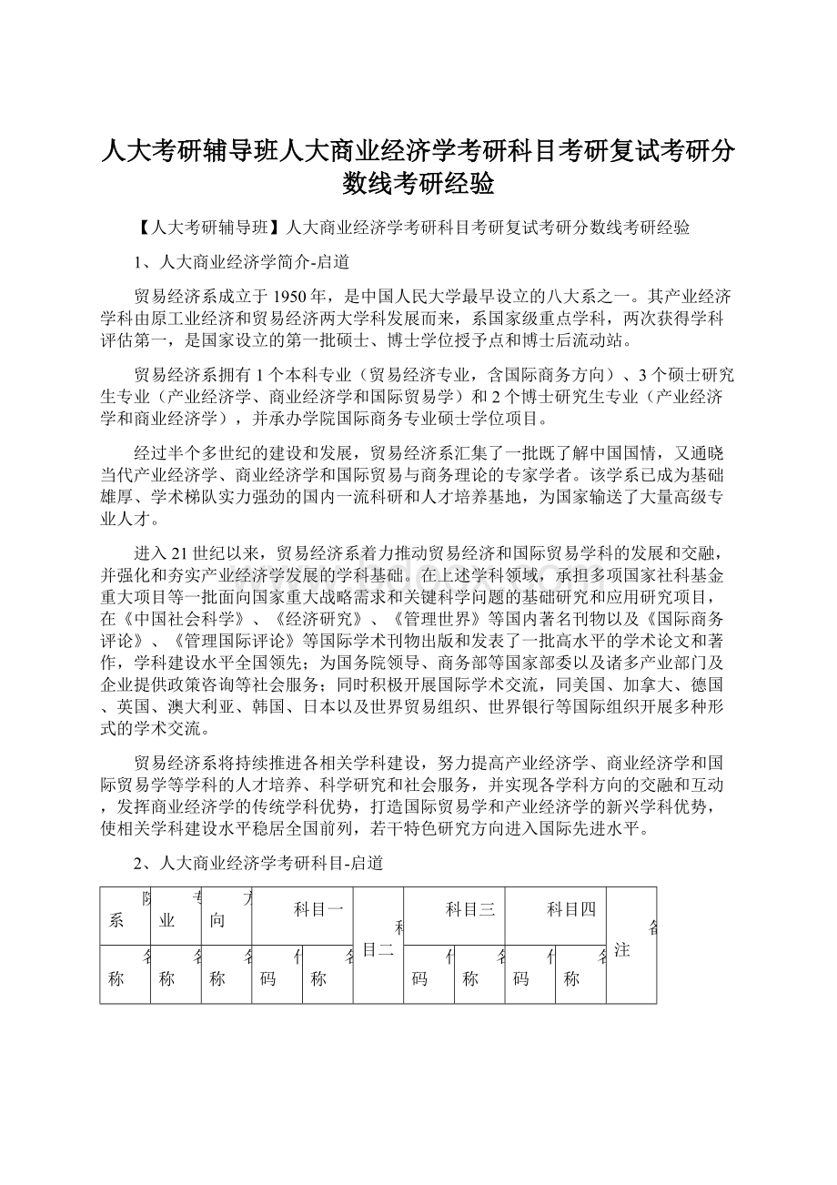 人大考研辅导班人大商业经济学考研科目考研复试考研分数线考研经验.docx