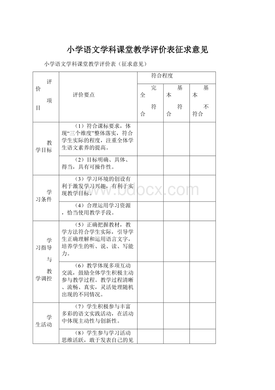 小学语文学科课堂教学评价表征求意见文档格式.docx