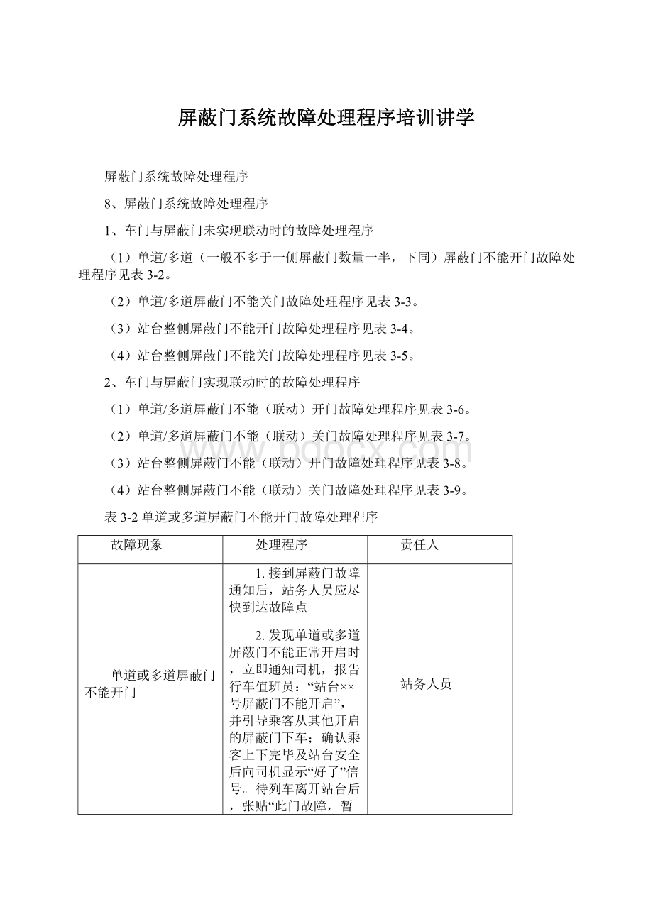 屏蔽门系统故障处理程序培训讲学Word文档格式.docx_第1页