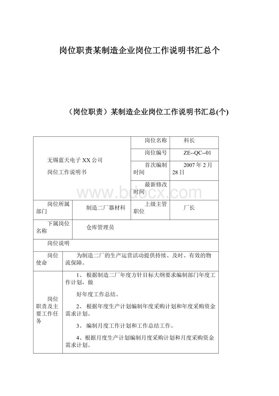 岗位职责某制造企业岗位工作说明书汇总个.docx_第1页