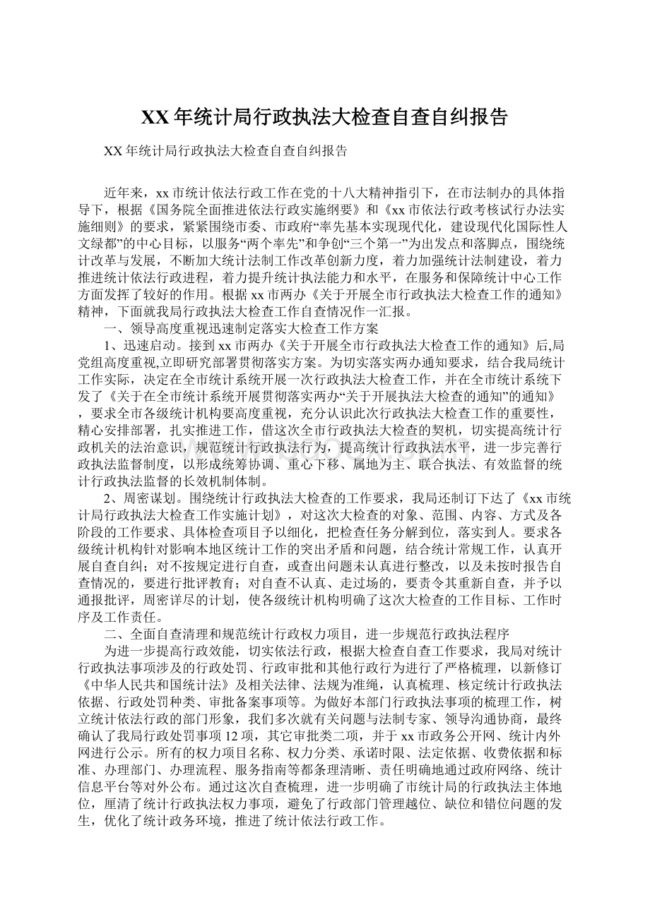 XX年统计局行政执法大检查自查自纠报告Word文档格式.docx