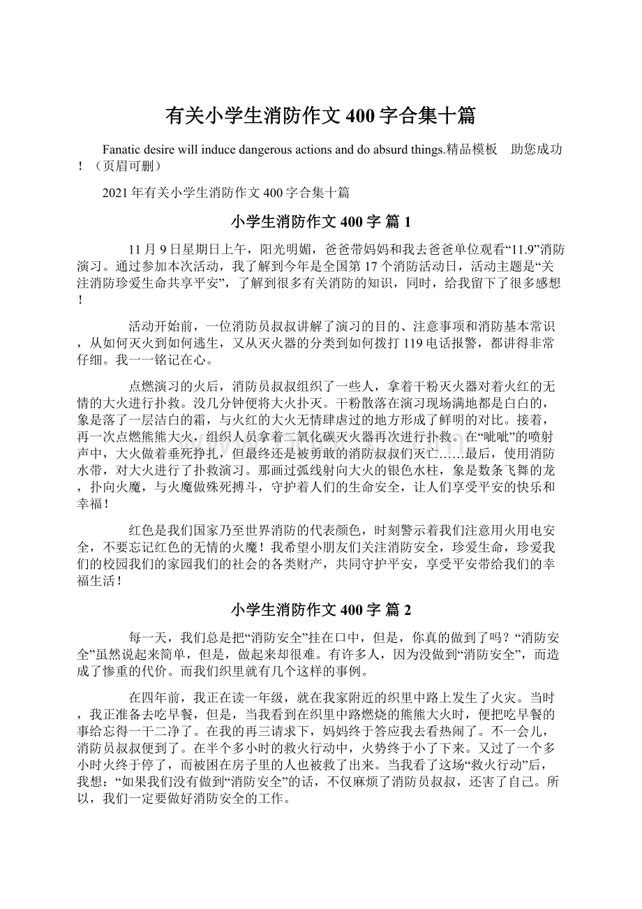 有关小学生消防作文400字合集十篇Word格式文档下载.docx