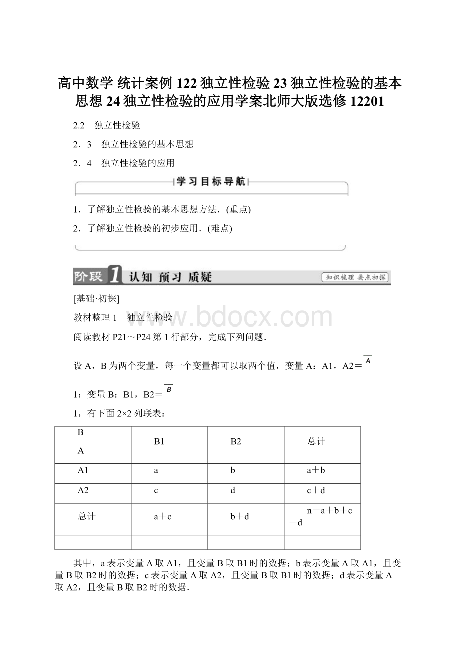 高中数学 统计案例122独立性检验23独立性检验的基本思想24独立性检验的应用学案北师大版选修12201.docx