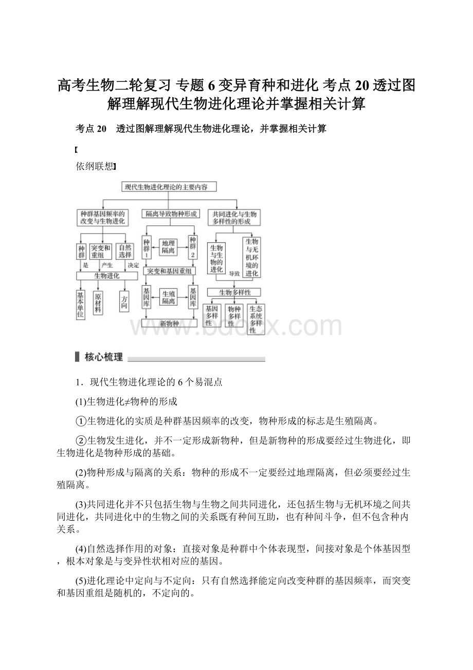 高考生物二轮复习专题6 变异育种和进化 考点20 透过图解理解现代生物进化理论并掌握相关计算Word下载.docx