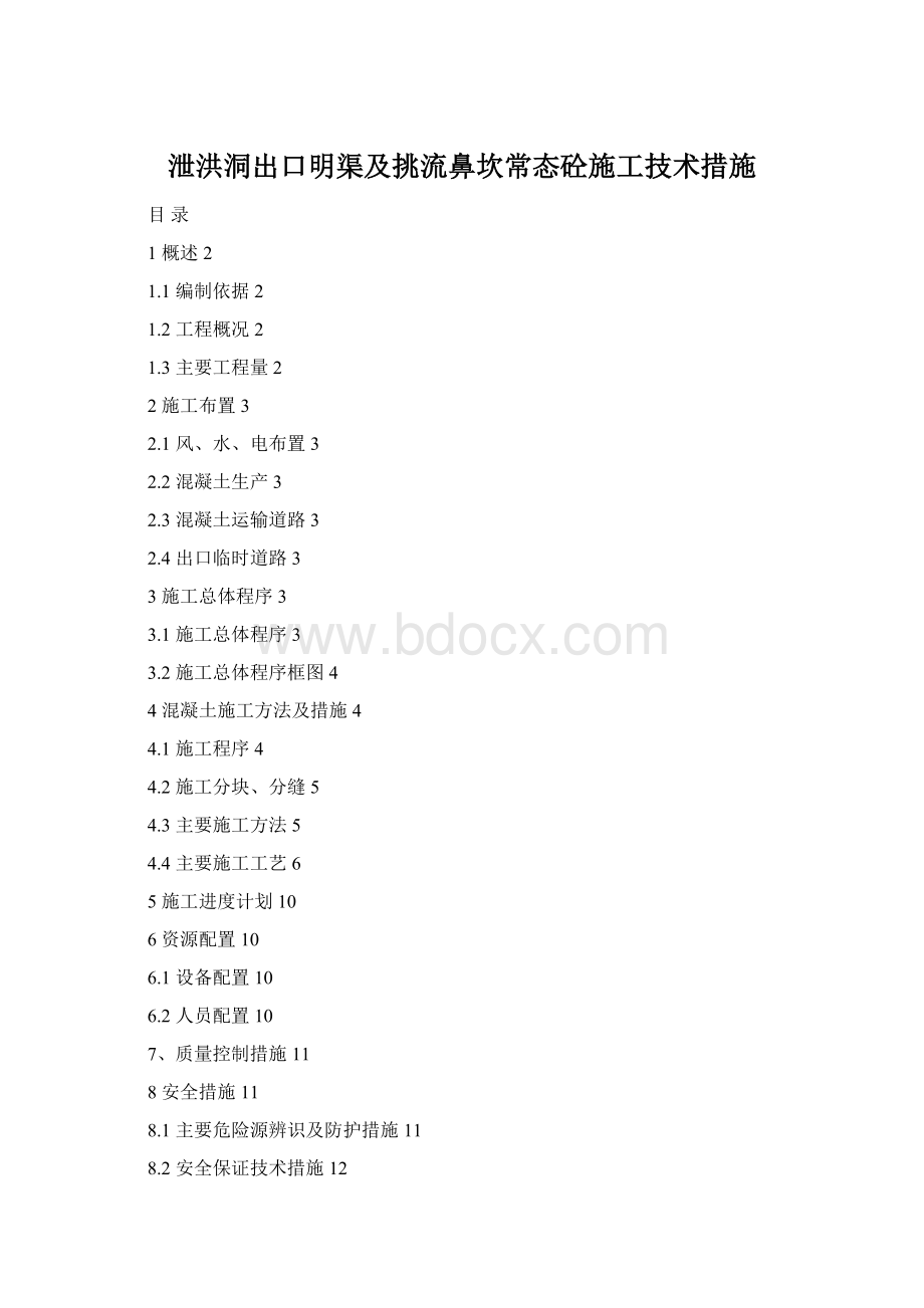 泄洪洞出口明渠及挑流鼻坎常态砼施工技术措施文档格式.docx