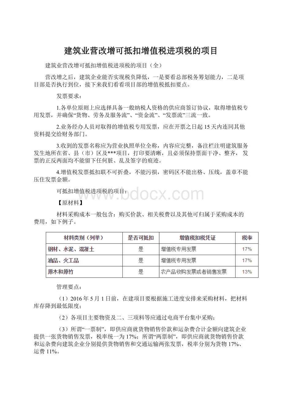 建筑业营改增可抵扣增值税进项税的项目.docx_第1页