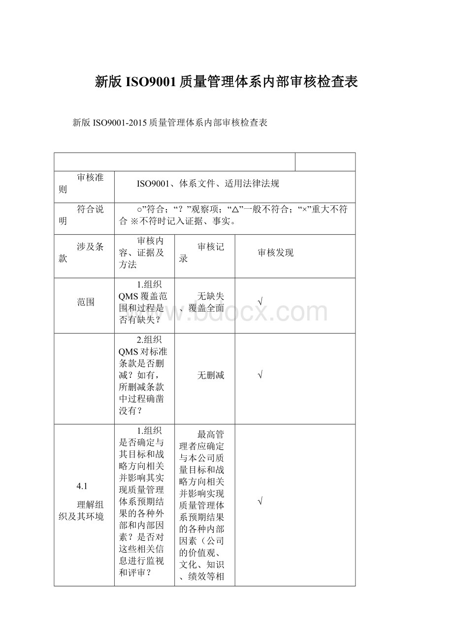 新版ISO9001质量管理体系内部审核检查表Word格式.docx