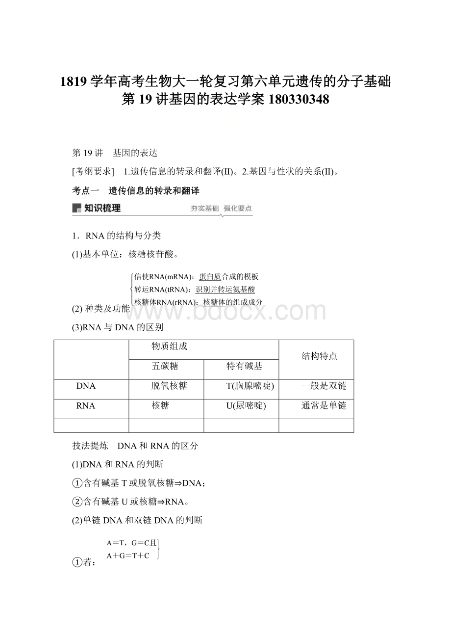 1819学年高考生物大一轮复习第六单元遗传的分子基础第19讲基因的表达学案180330348Word文档下载推荐.docx