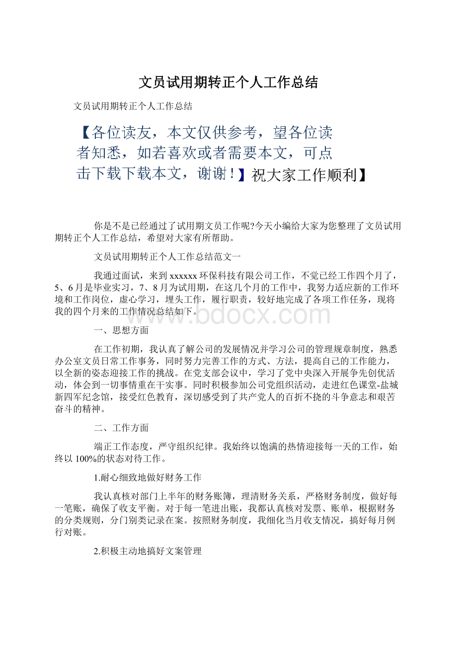 文员试用期转正个人工作总结Word文档格式.docx