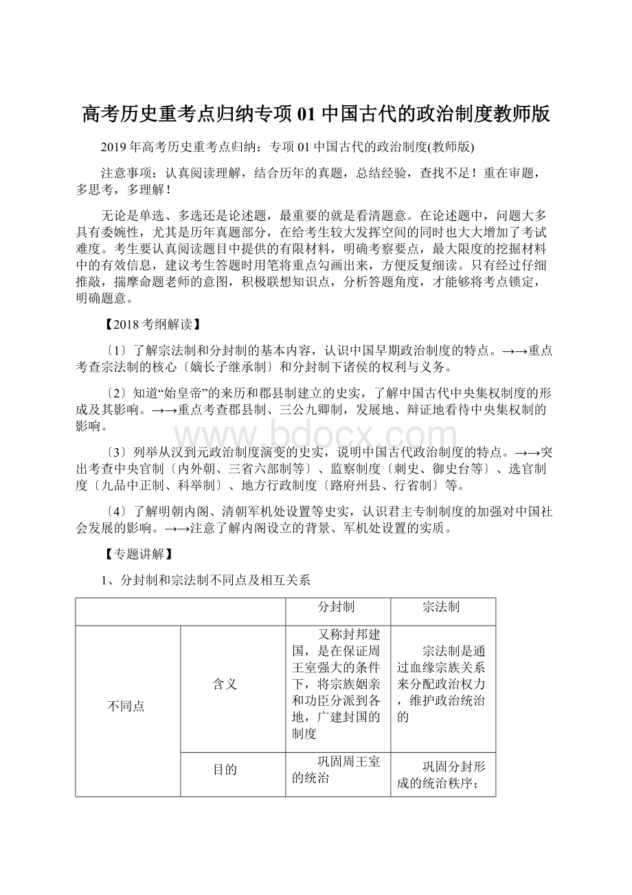 高考历史重考点归纳专项01中国古代的政治制度教师版文档格式.docx