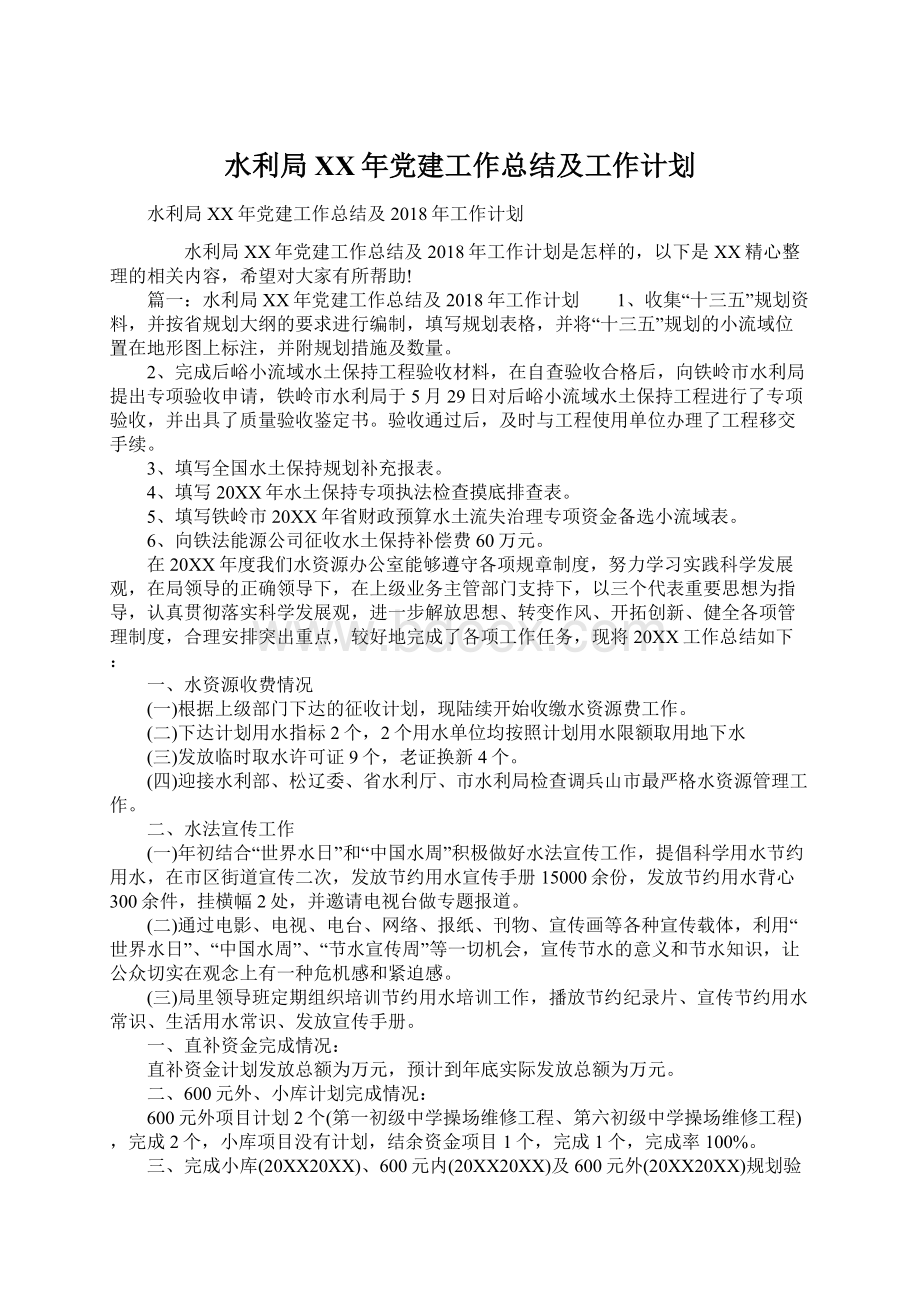 水利局XX年党建工作总结及工作计划.docx