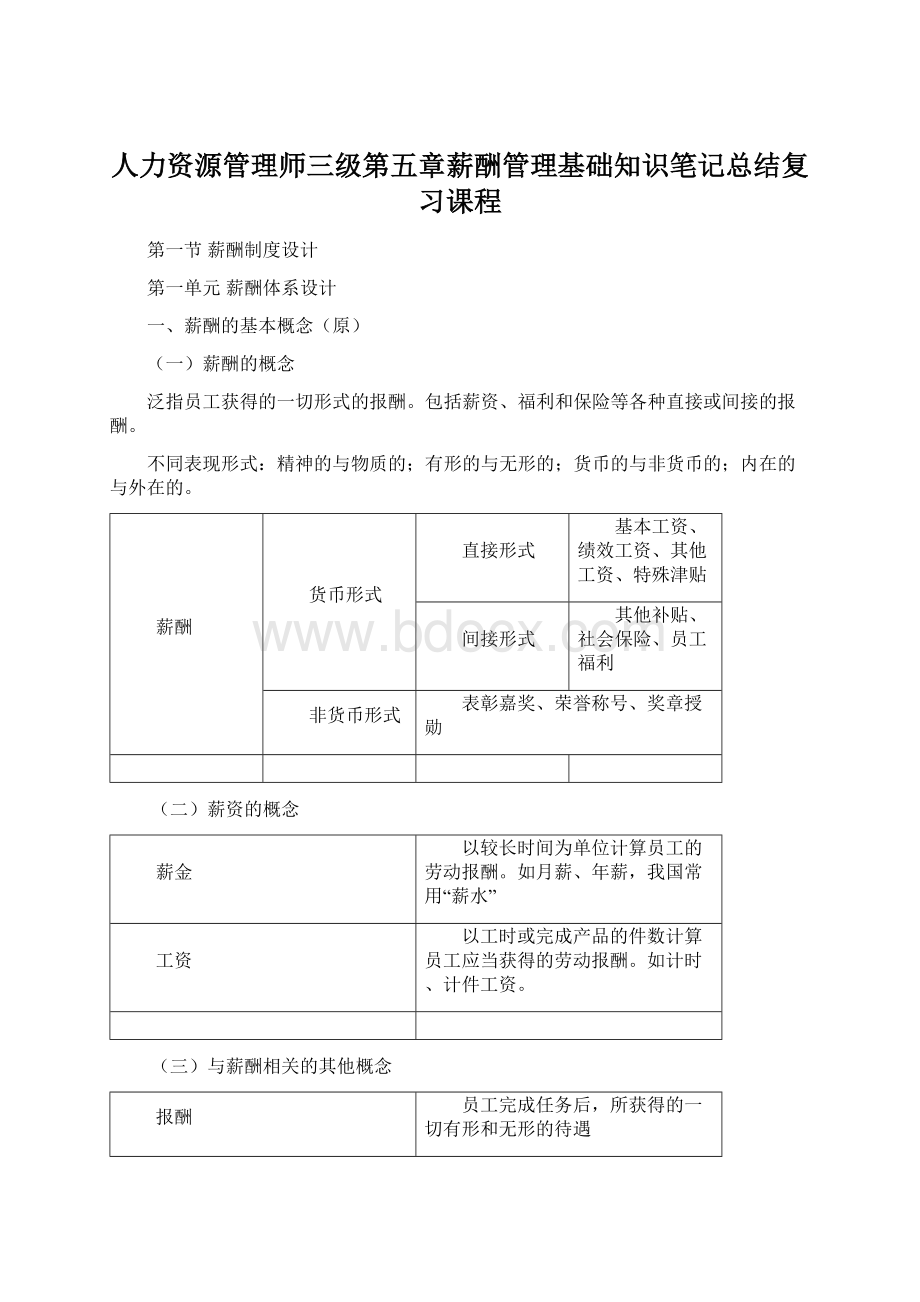 人力资源管理师三级第五章薪酬管理基础知识笔记总结复习课程.docx