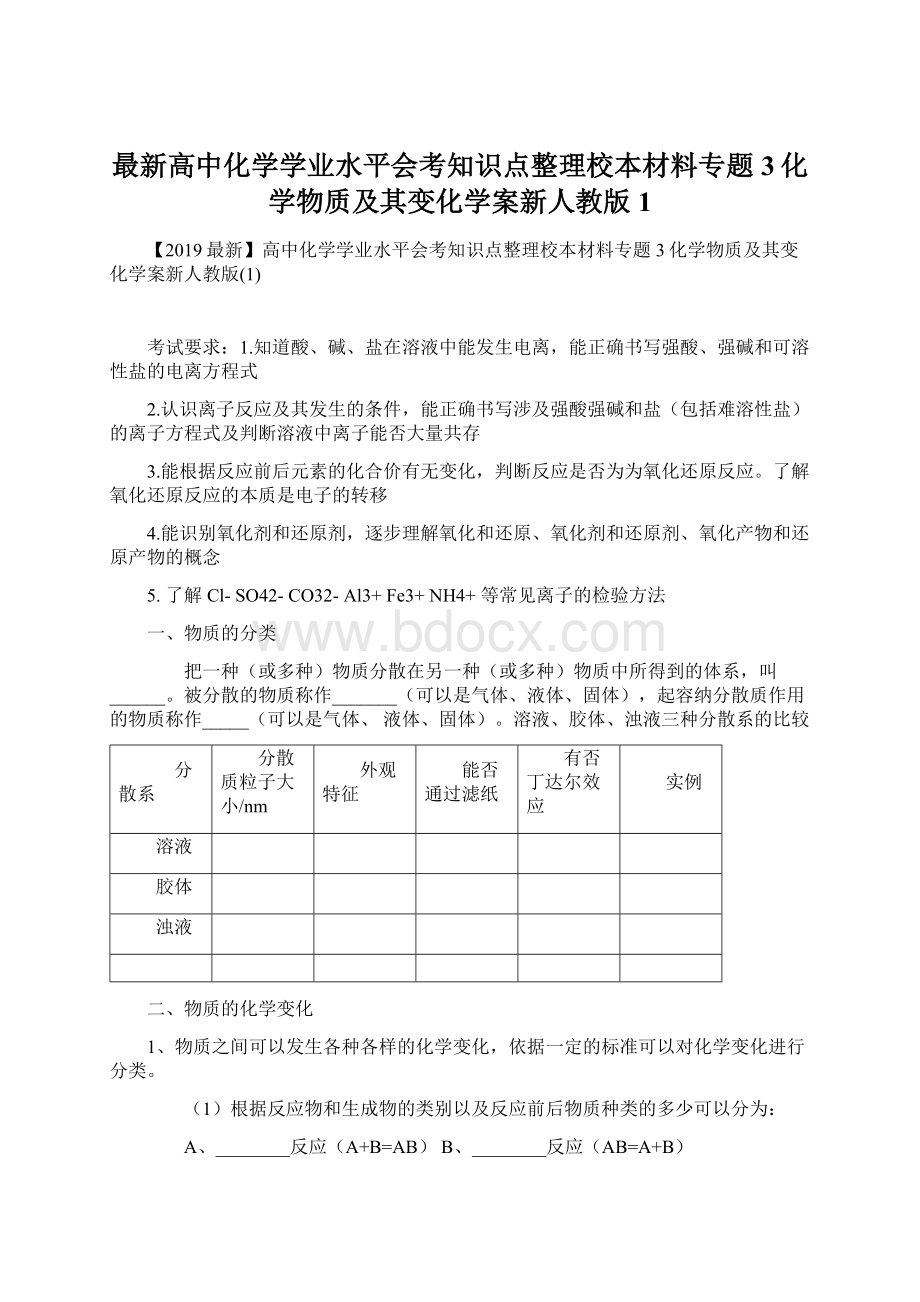 最新高中化学学业水平会考知识点整理校本材料专题3化学物质及其变化学案新人教版1Word文档格式.docx