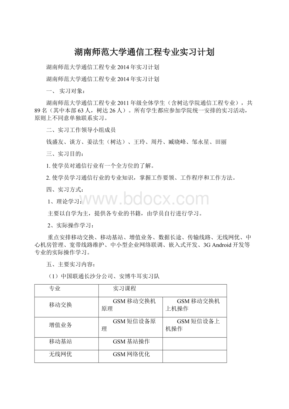 湖南师范大学通信工程专业实习计划Word文档格式.docx