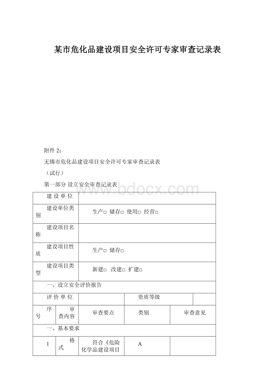 某市危化品建设项目安全许可专家审查记录表Word下载.docx_第1页