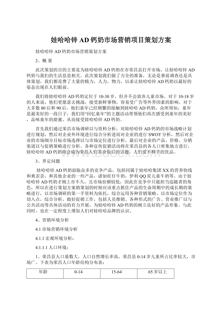 娃哈哈锌AD钙奶市场营销项目策划方案.docx_第1页