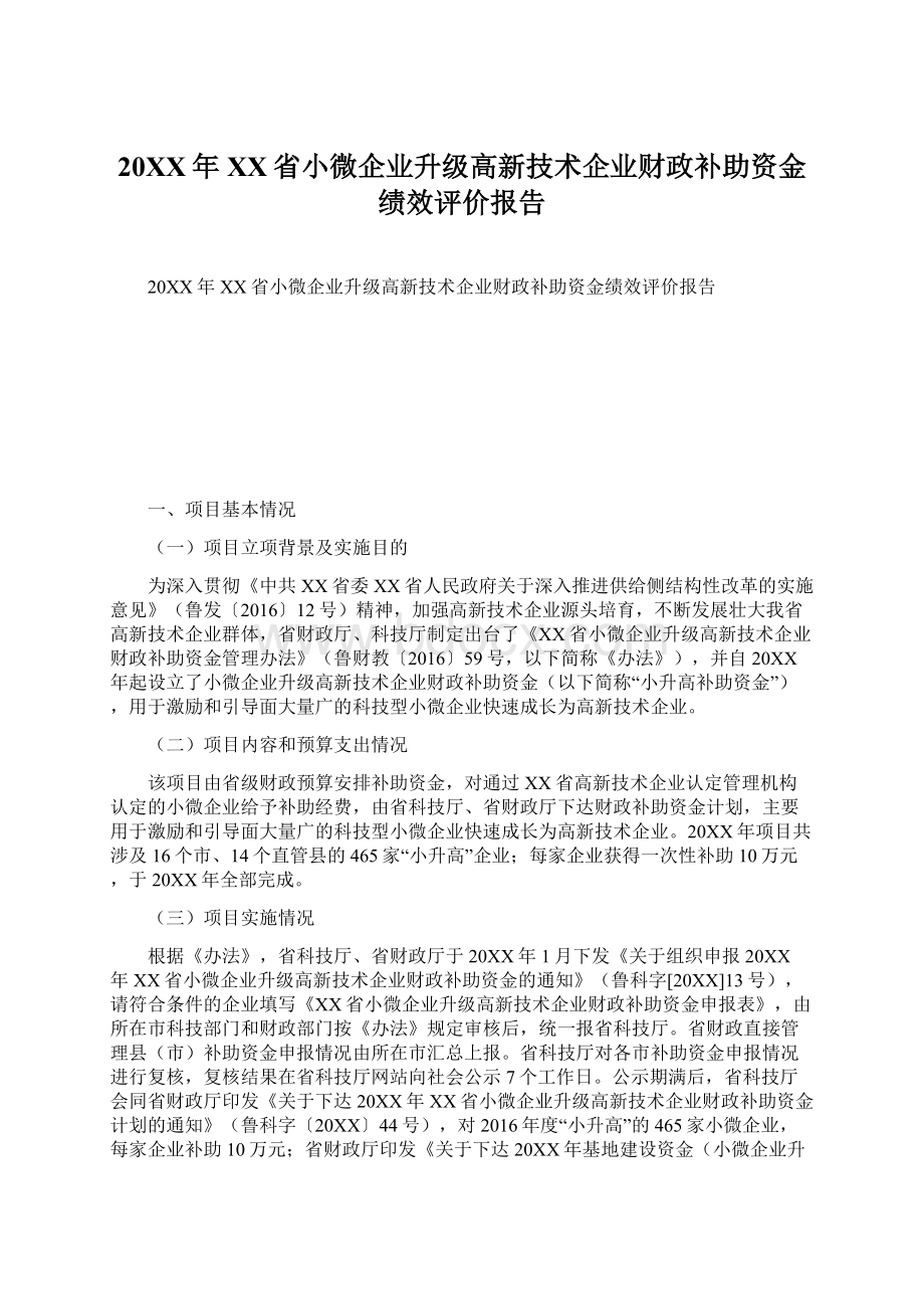 20XX年XX省小微企业升级高新技术企业财政补助资金绩效评价报告Word文档格式.docx