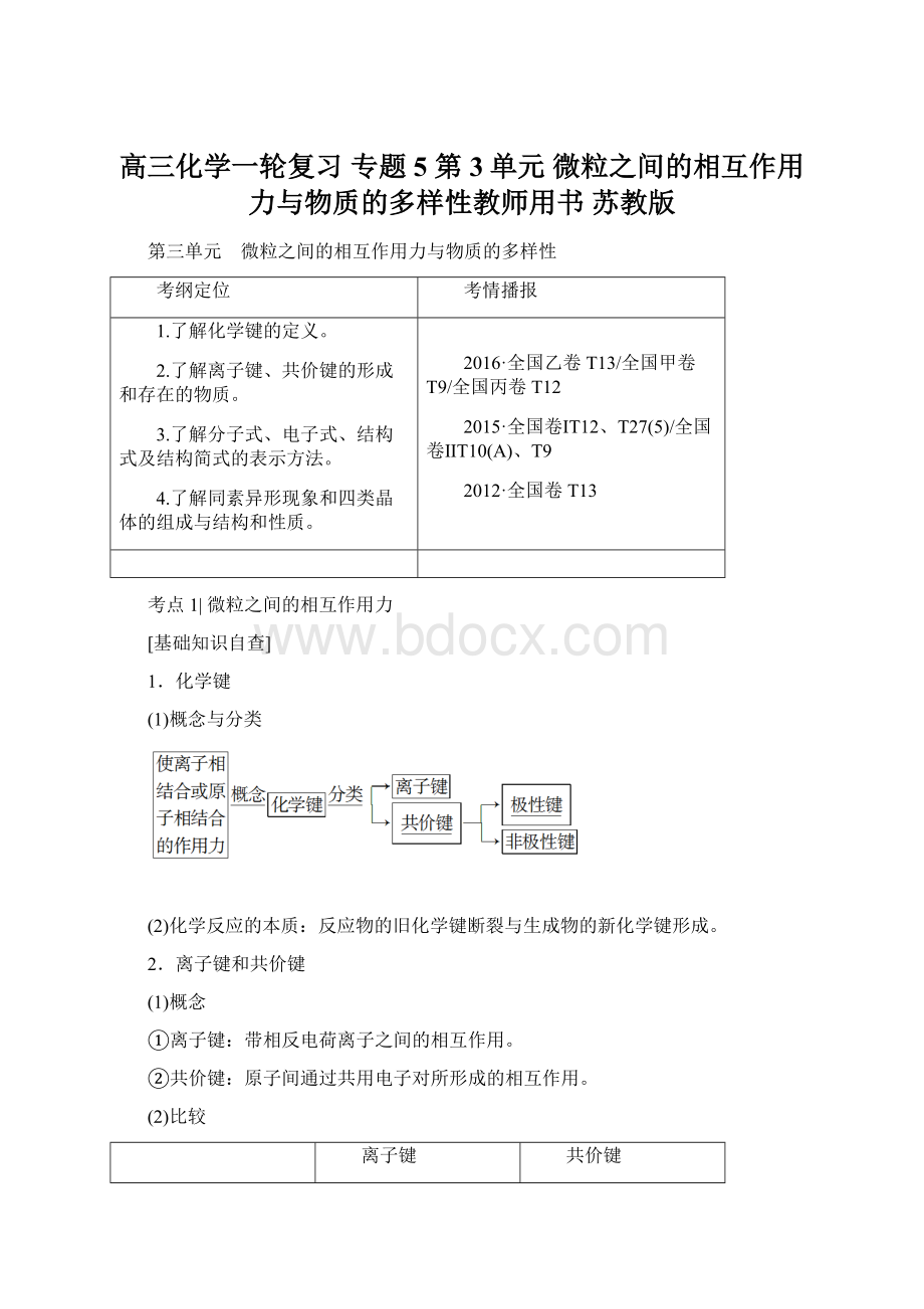 高三化学一轮复习 专题5 第3单元 微粒之间的相互作用力与物质的多样性教师用书 苏教版.docx_第1页