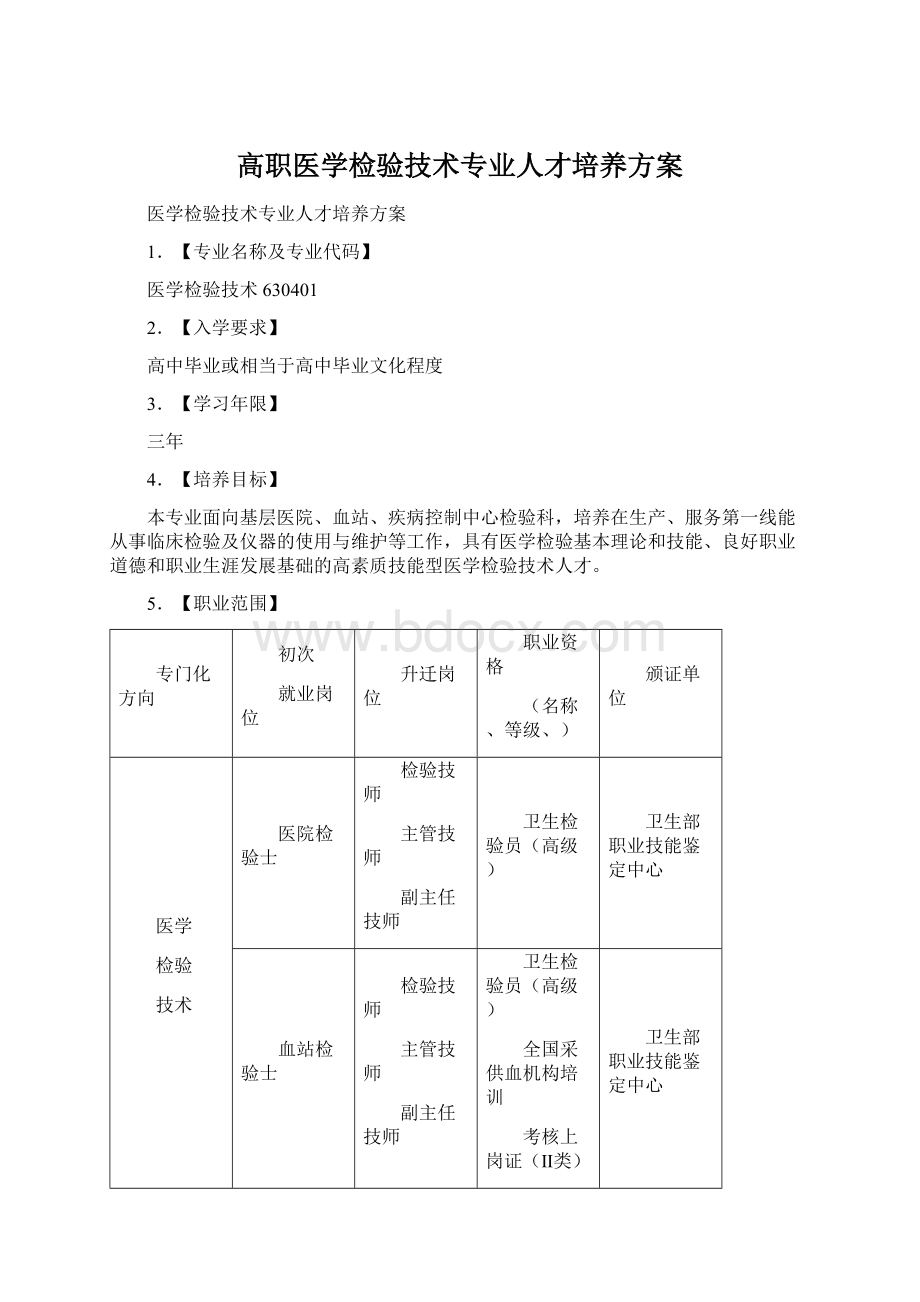 高职医学检验技术专业人才培养方案Word格式文档下载.docx