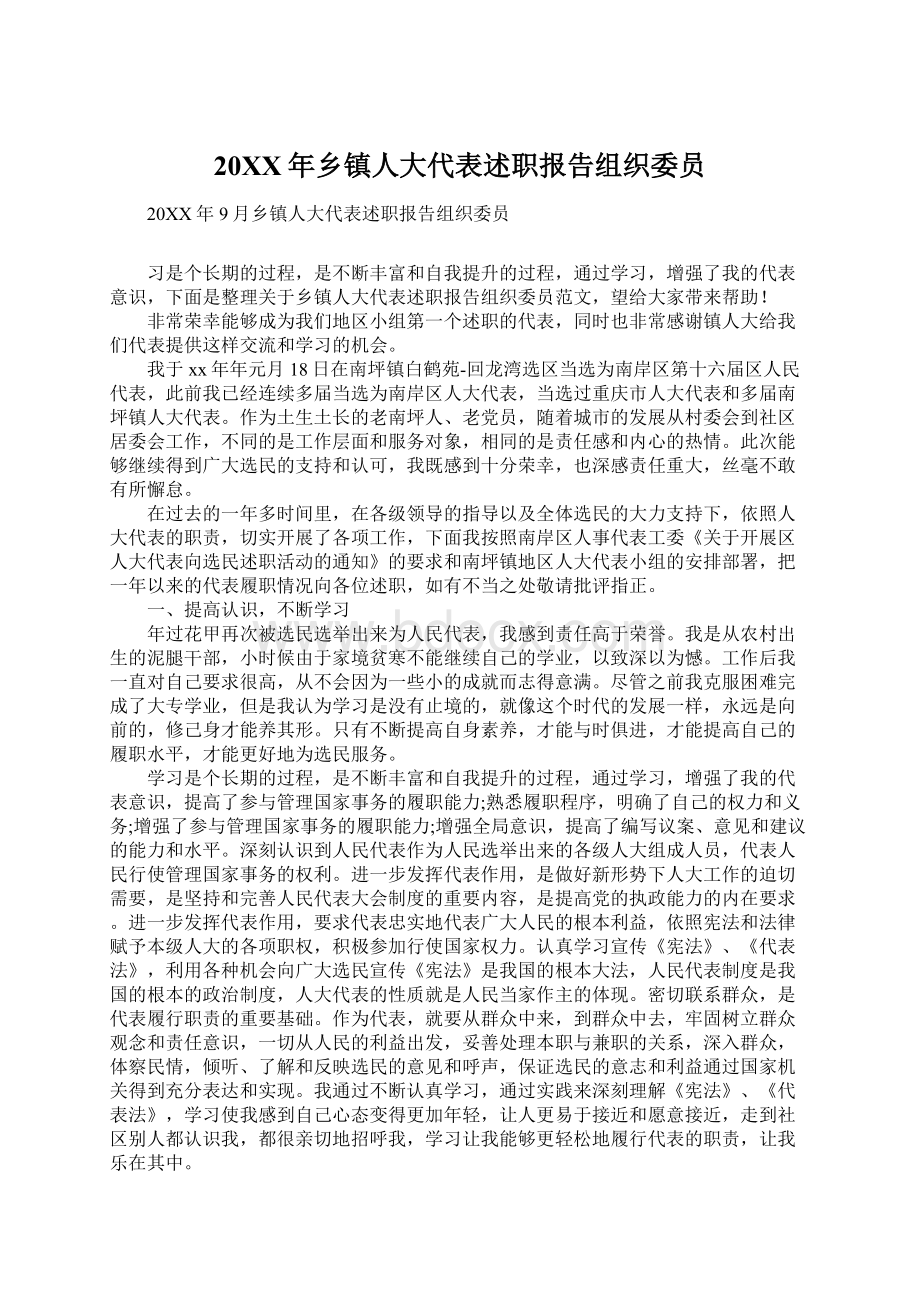 20XX年乡镇人大代表述职报告组织委员.docx_第1页